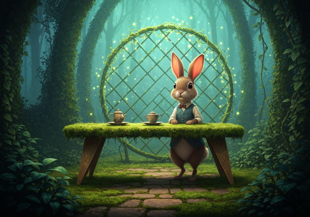 Whimsical Rabbit in Enchanted Garden with Geometric Accents