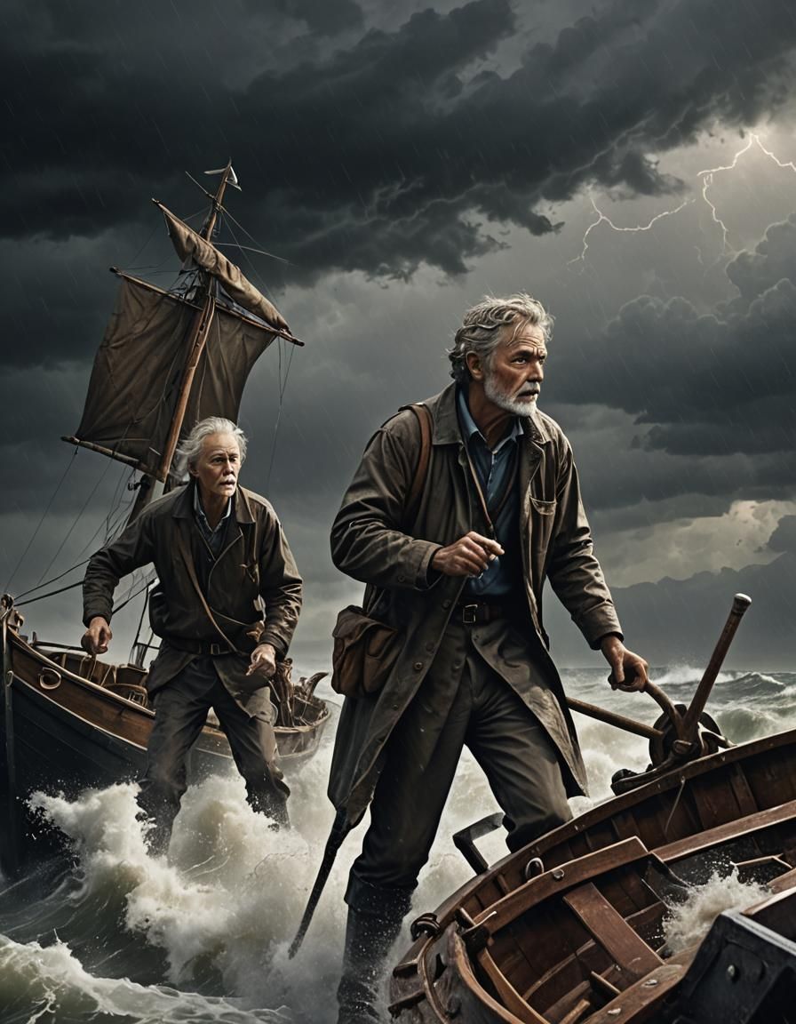 Archaeologist's Stormy Voyage: A Cinematic Concept Art