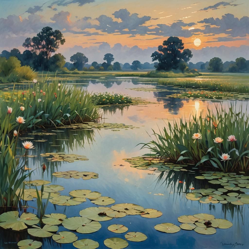 Tranquil Lakeside Sunset: An Oil Painting