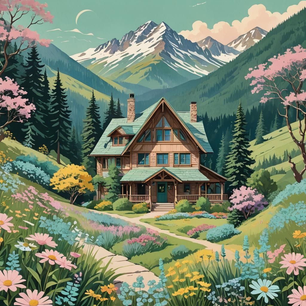 Nevermore Peaks: Retro Travel Poster in Pastel Hues