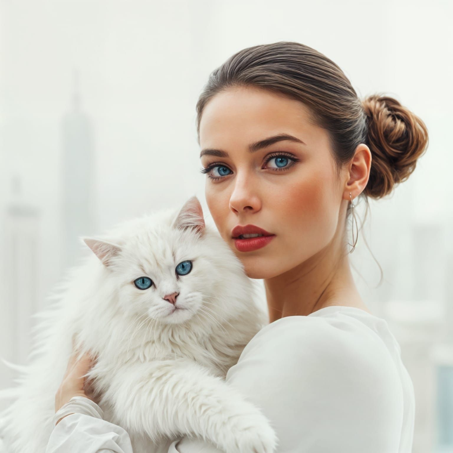 Monochromatic Woman with Cat in Ethereal Cityscape