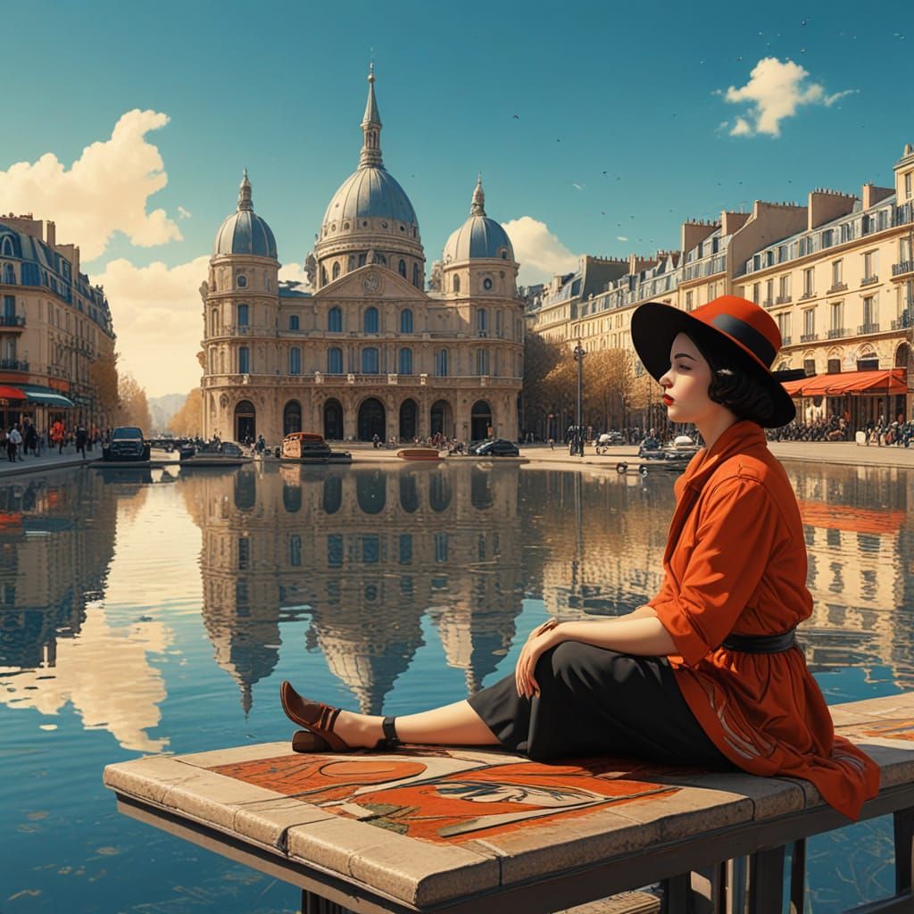 Art Deco Parisian Cityscape in Muted Sepia Tones