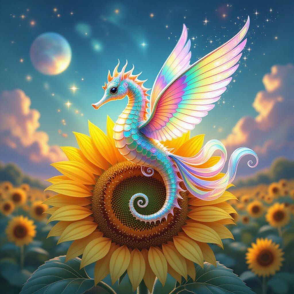 Winged Seahorse Soaring Over Sunflower Planet