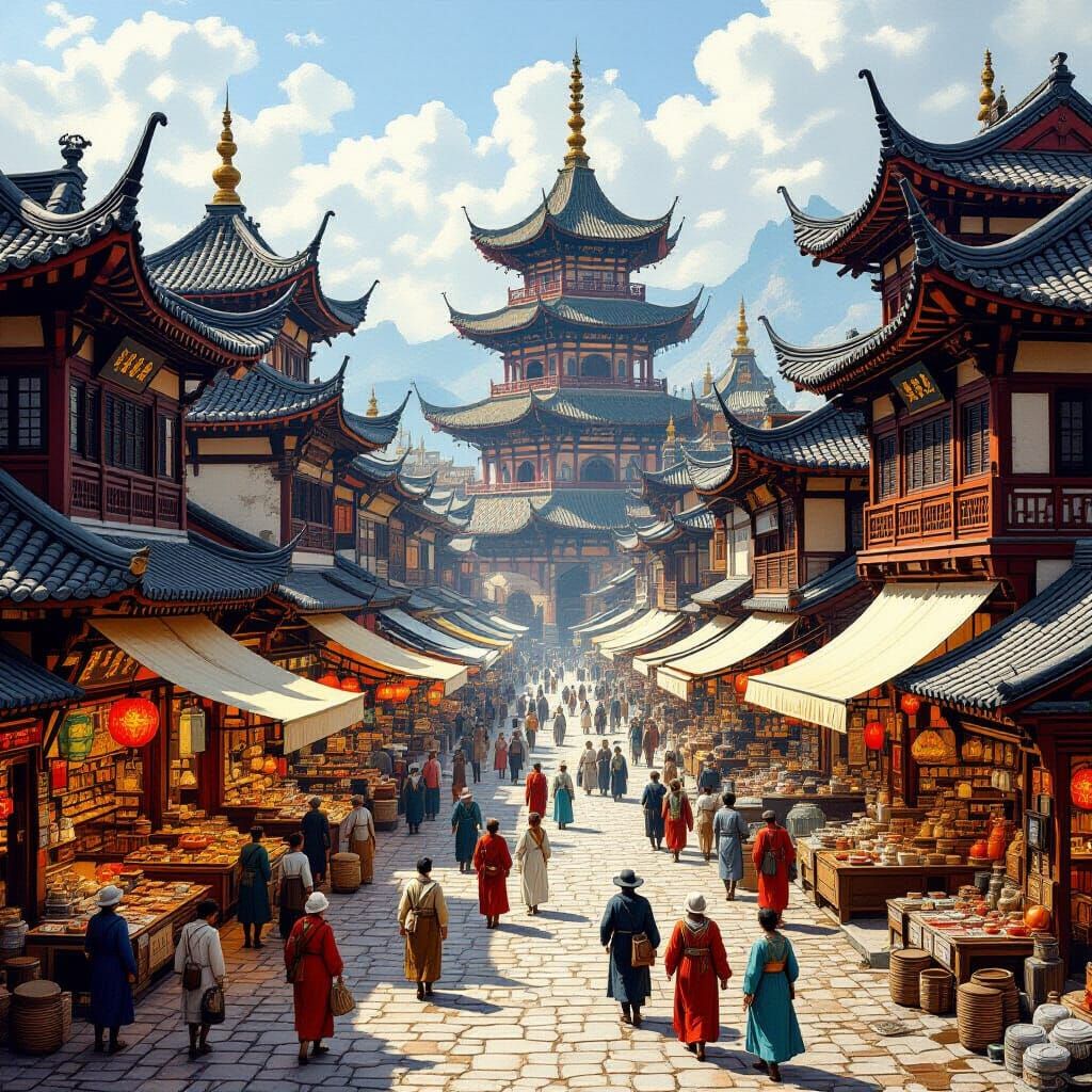 Bustling Oriental Marketplace Inspired by Historical Masters
