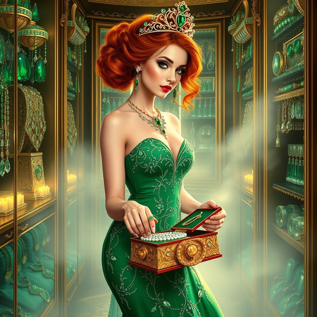 Regal Woman in Emerald Gown with Jewel Box