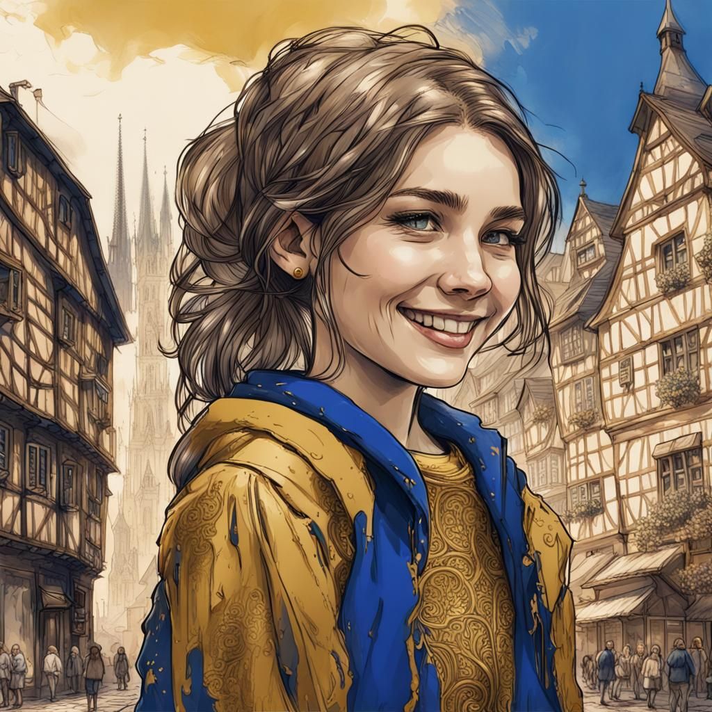 Smiling Girl Symbolizing EU in Ink Sketch Style