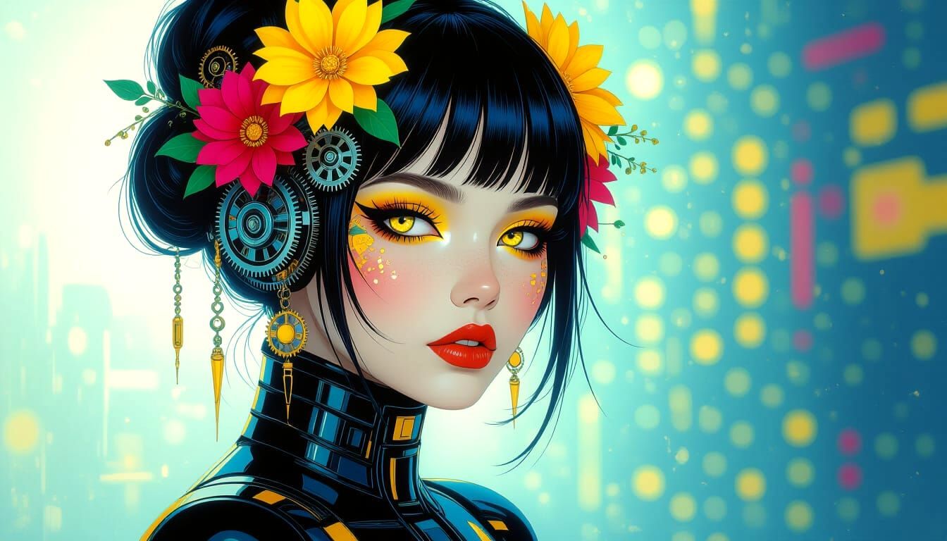 Futuristic Portrait with Flowers in Ink Art Style