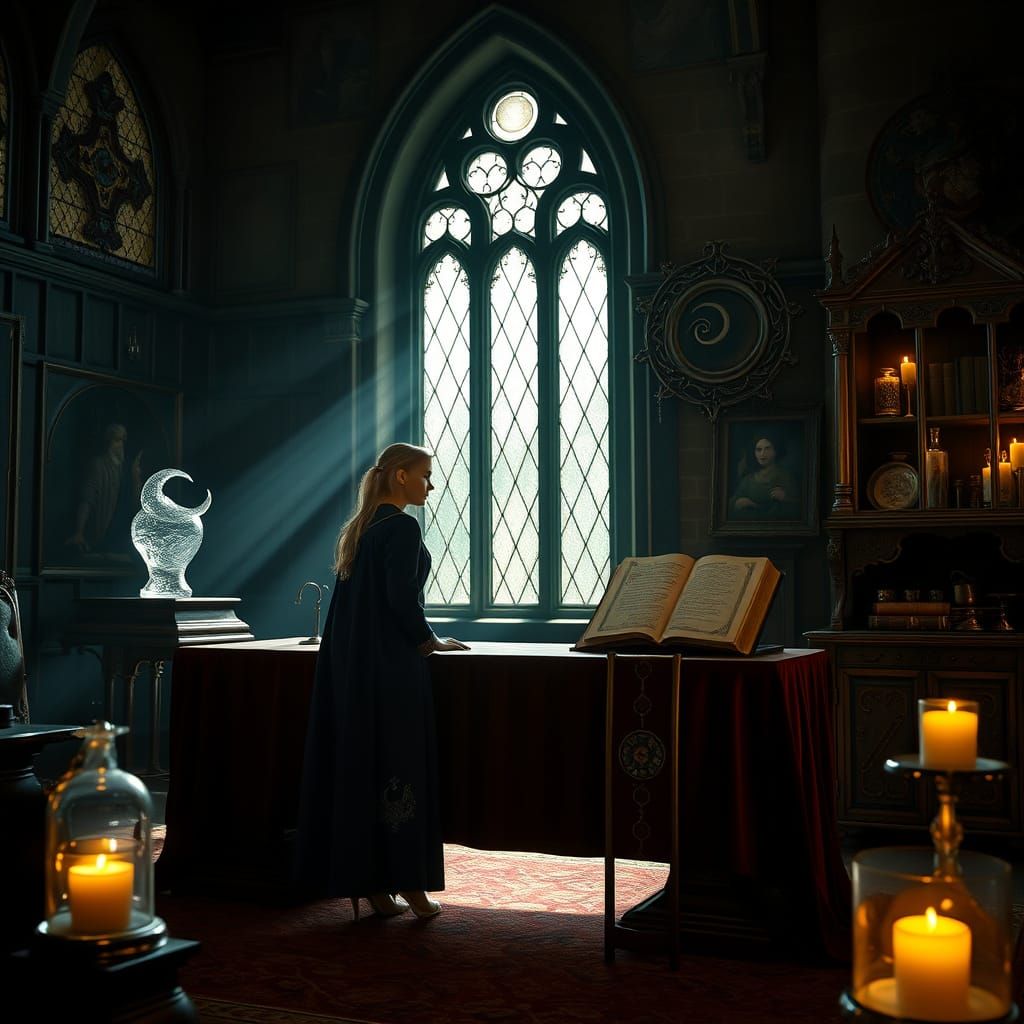 Medieval Potion Master in Moonlit Castle Hall