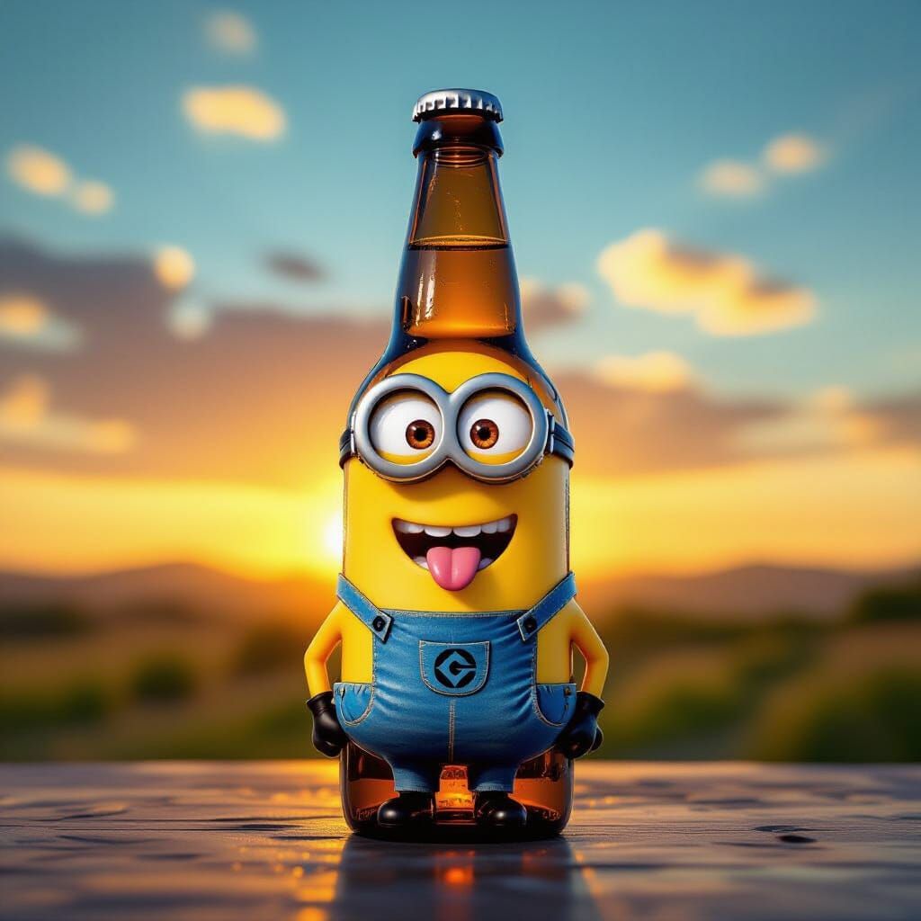 Minion Peeking From Beer Bottle Double Exposure