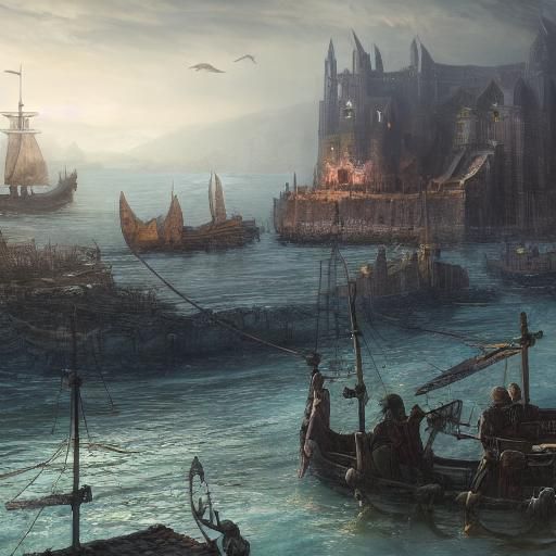 Gloomy Viking Harbor City in Detailed Matte Painting