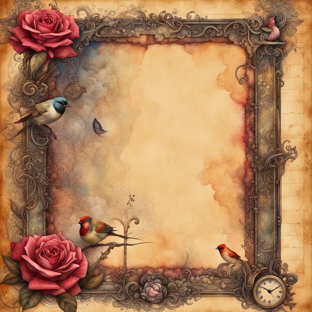 Vintage Journal Page with Roses and Birds in Steampunk Style