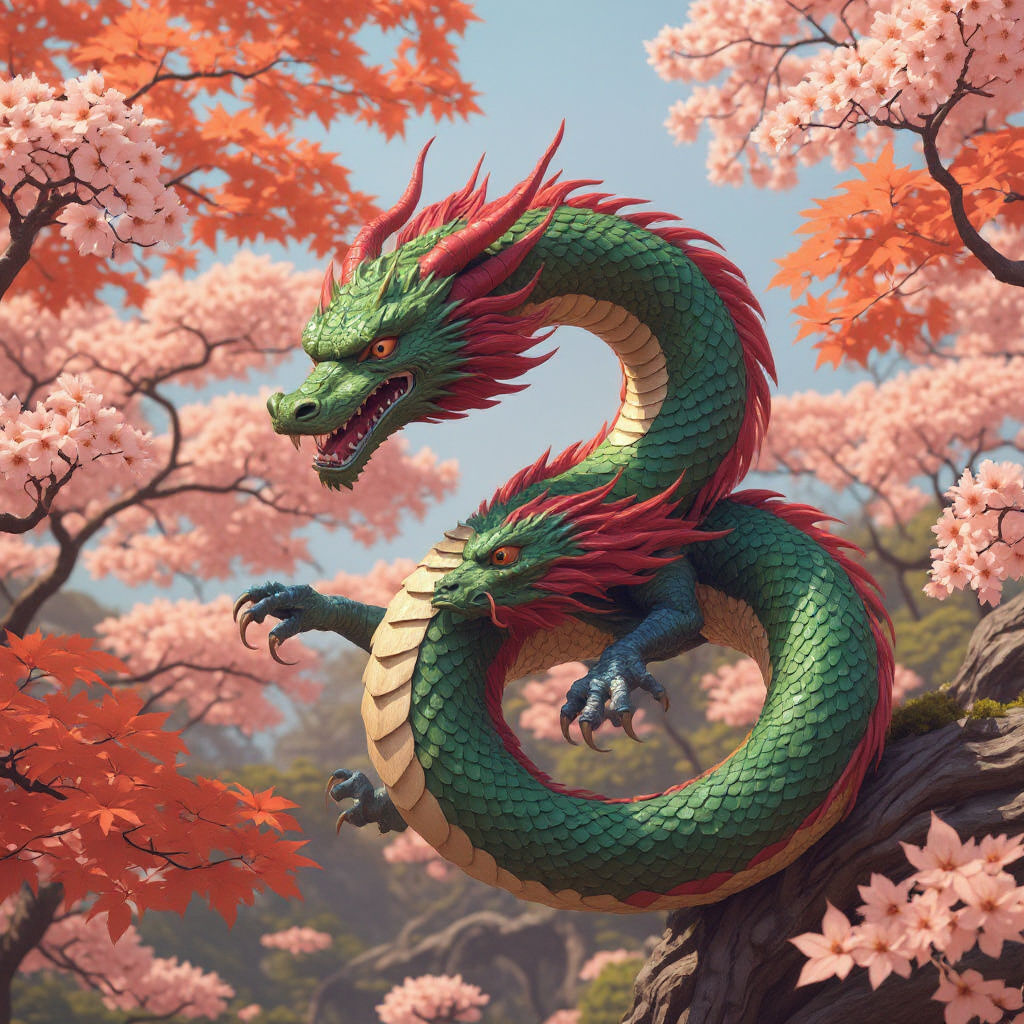 Iridescent Dragon Soaring Among Blossoms: Anime Style