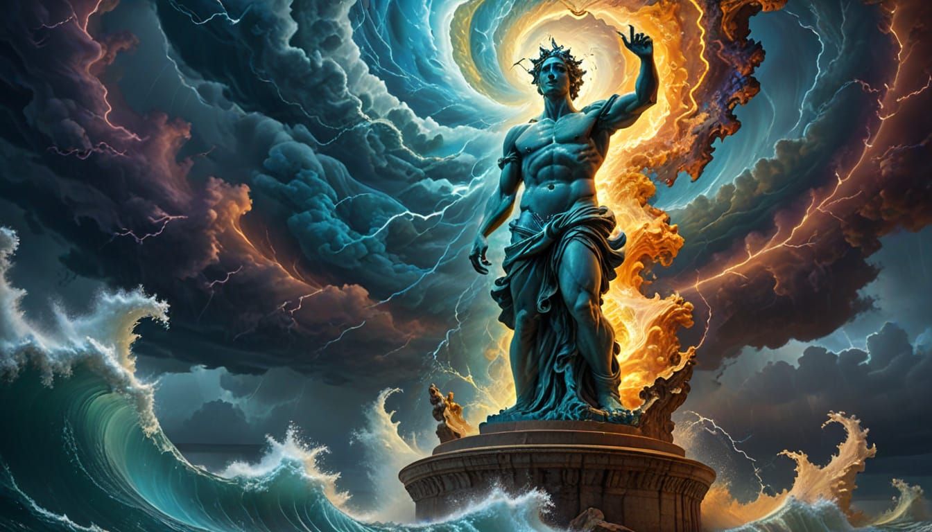 Surreal Sea Storm Vortex with Diskobolos Statue