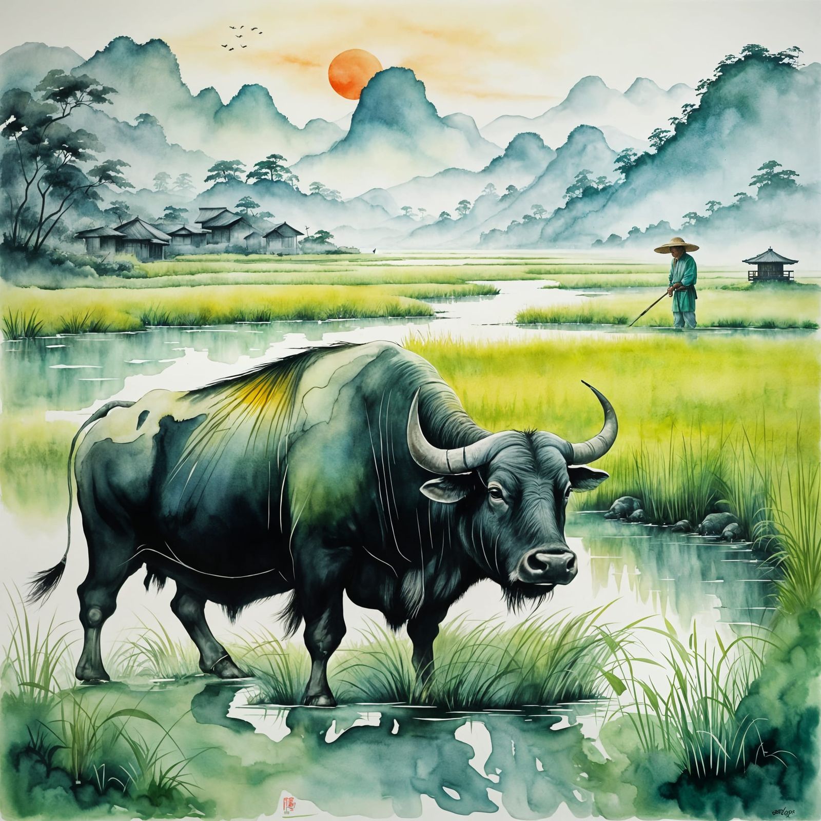 Water Buffalo in a Tranquil Rice Field