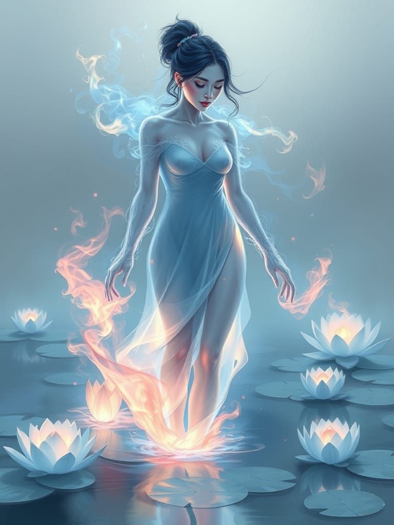 Ethereal Vietnamese Goddess in Lotus Lake