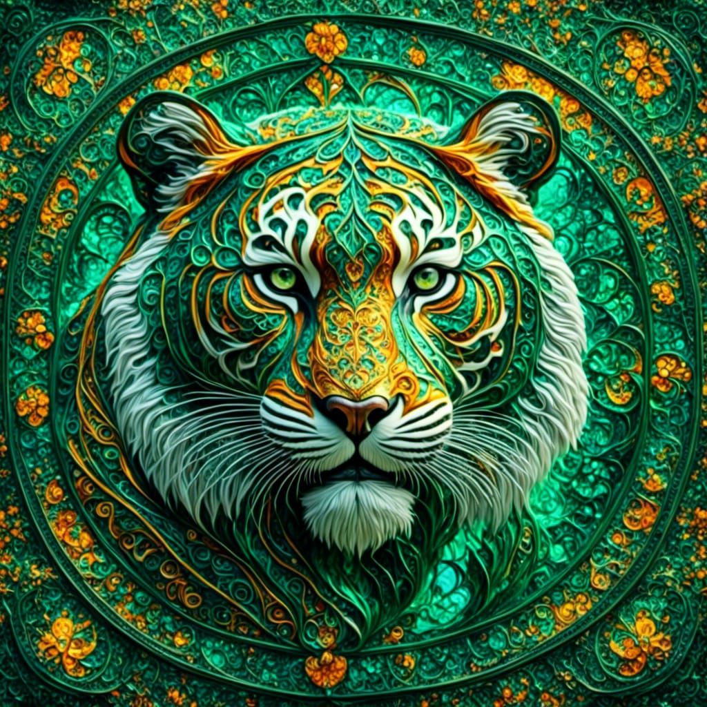 Stained Glass Tiger Pouncing: Fractal Mandala Art