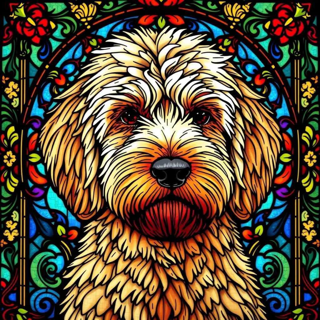 stained glass Goldendoodle dog face, full hd, hypermaximalis...