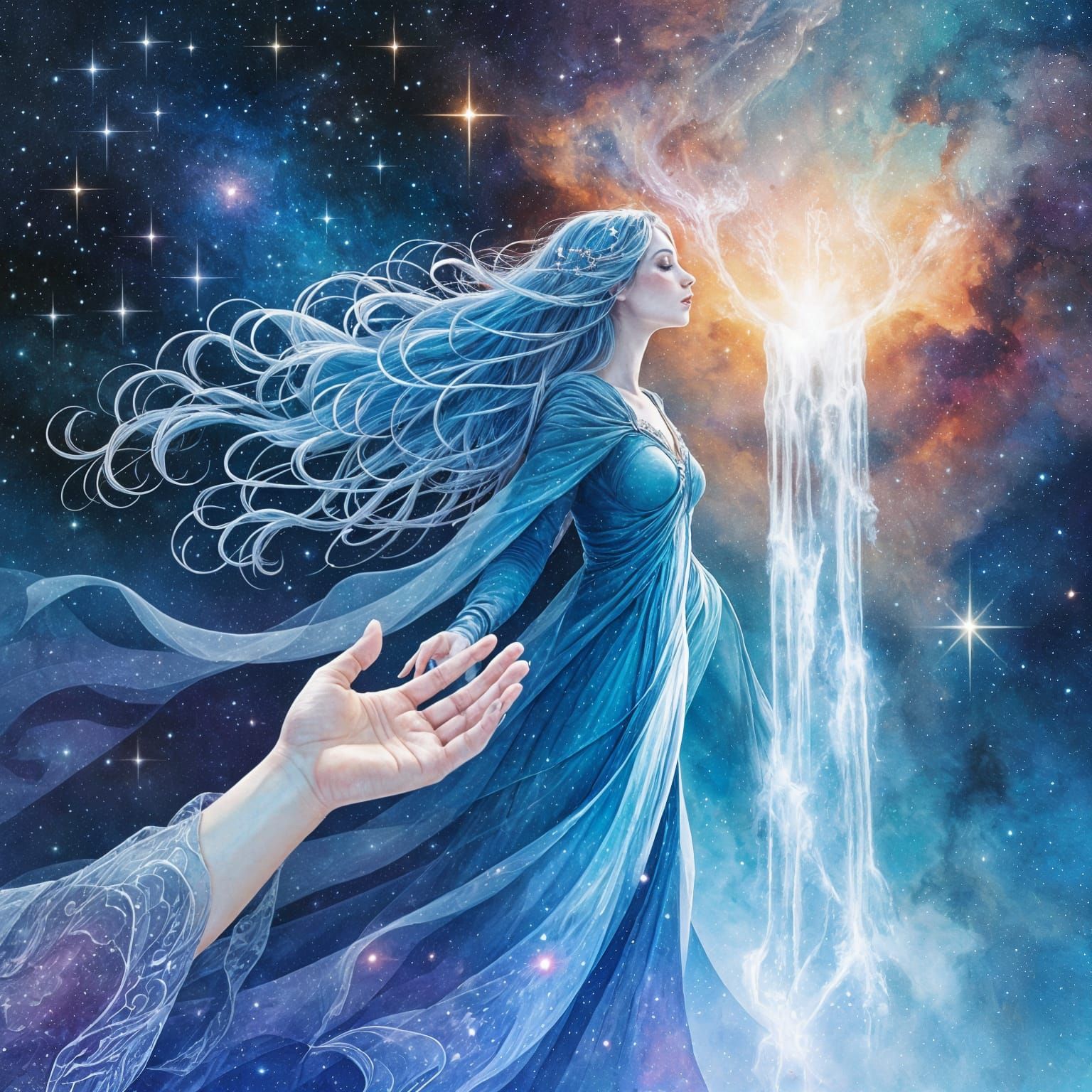 Cosmic Gothic Woman Creates Waterfall to the Stars