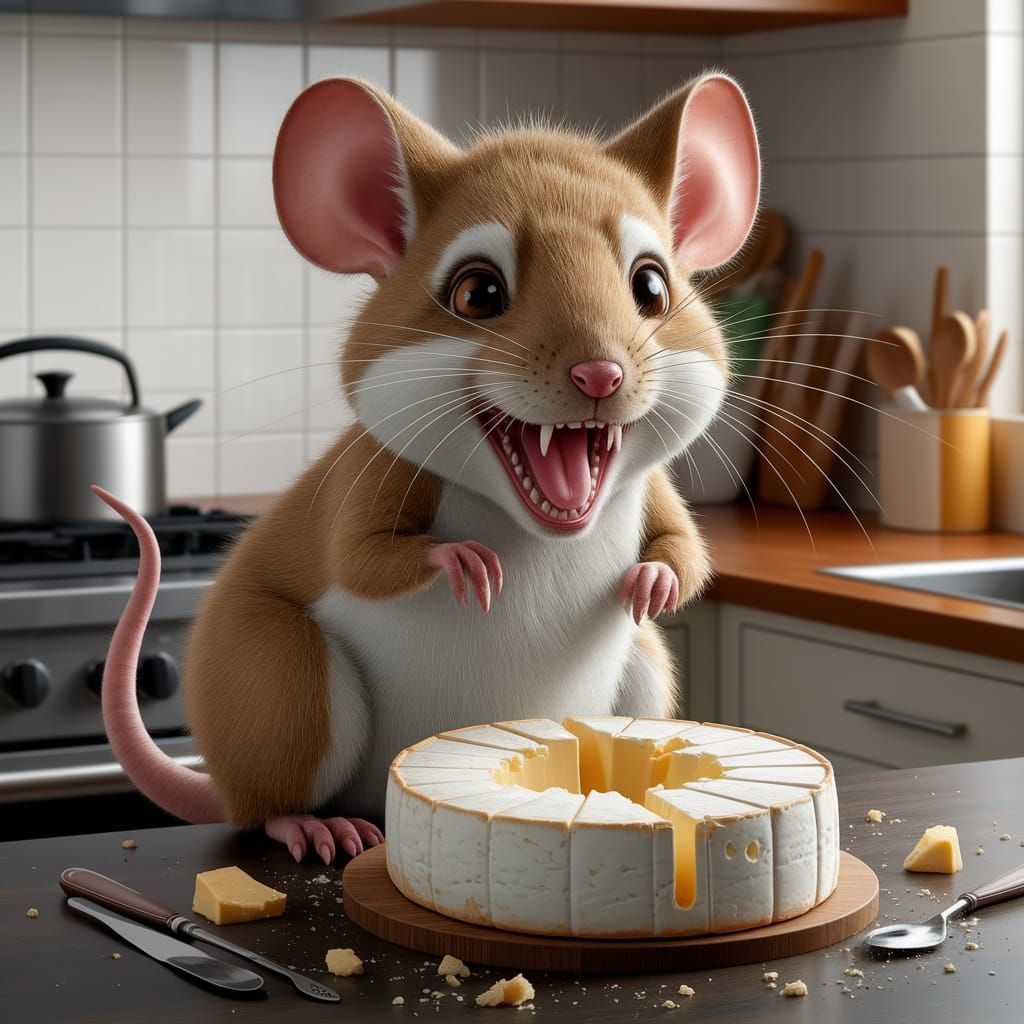 Fantastical Mouse-Tyrannosaurus Devours Brie in Whimsical Sc...