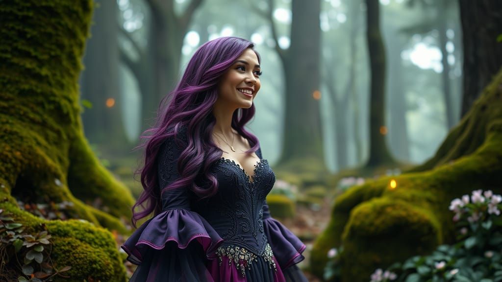 Enchanting Woman in Jewel-Toned Dress in Lush Forest