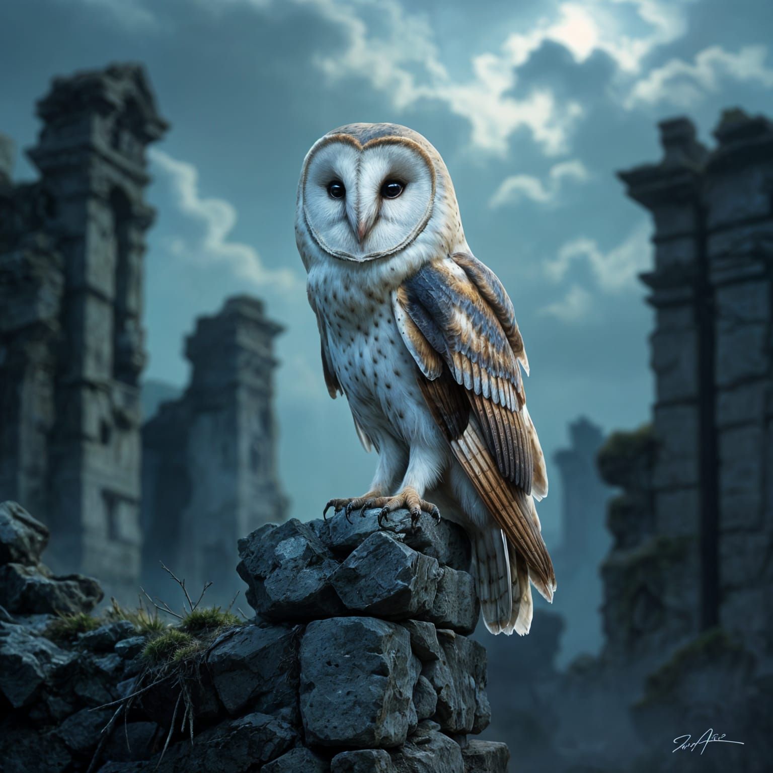 Majestic Barn Owl on Ancient Ruins in Chiaroscuro Light
