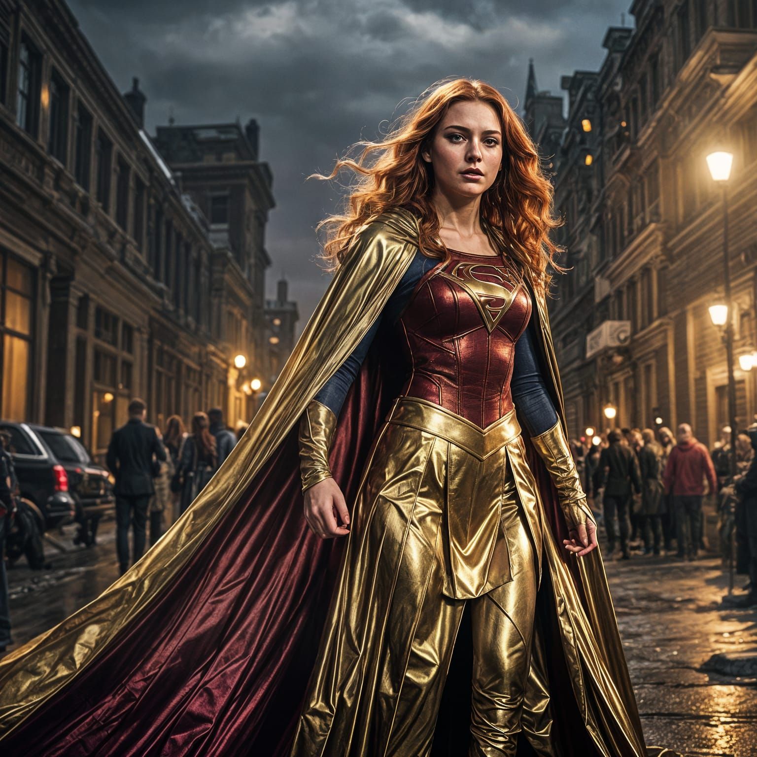 Supergirl Vampire in Gold Outfit, Cinematic Film Still