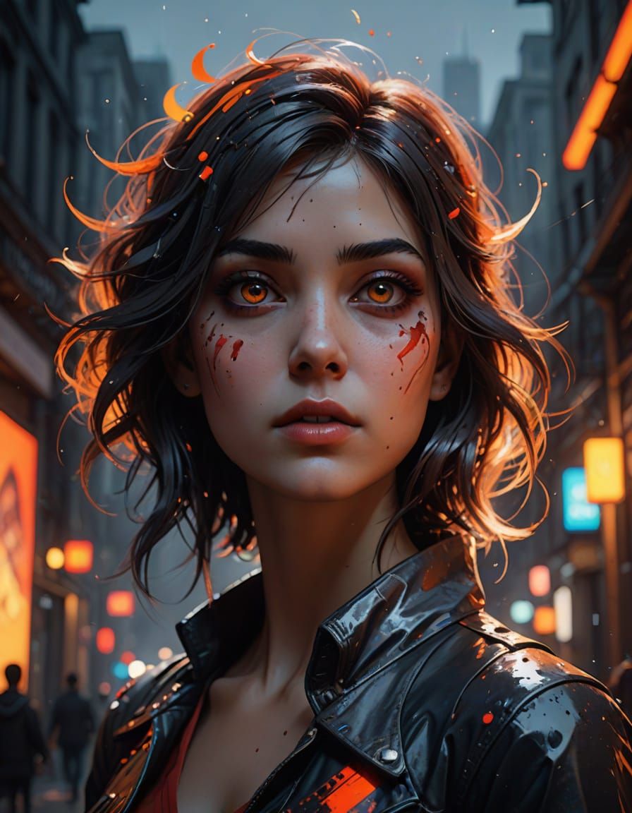 Vibrant Ink Portrait of a Woman Gazing Upwards