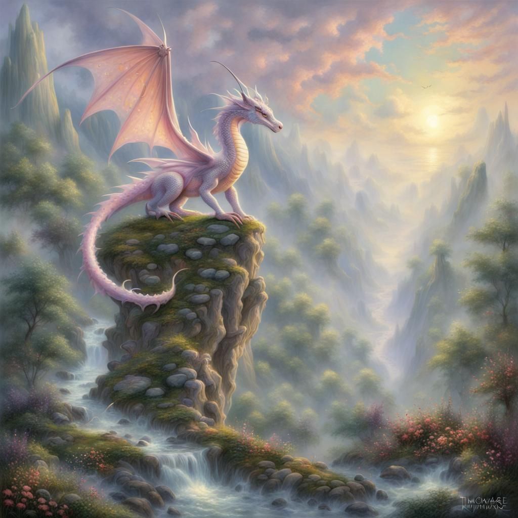 Ethereal Fairy Dragon in a Kinkade Style Landscape