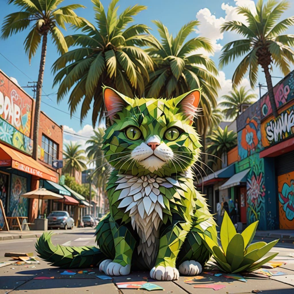 Vibrant Cartoon Cat-Kiwi in a Graffiti Town Square