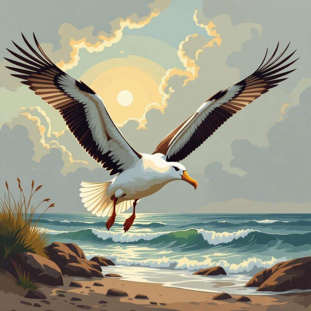 Albatross Landing on Rocky Shore in Romantic Landscape Style