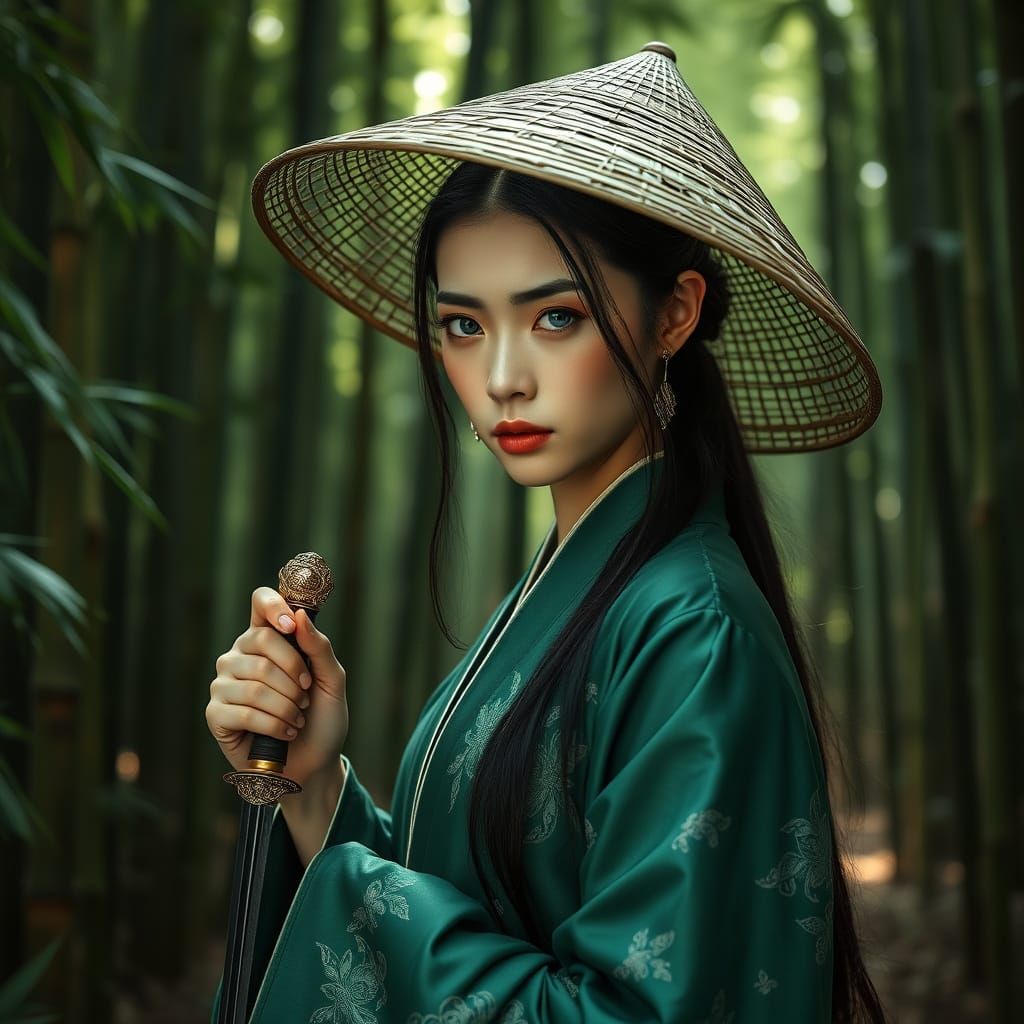 Ethereal East Asian Warrior in Bamboo Forest