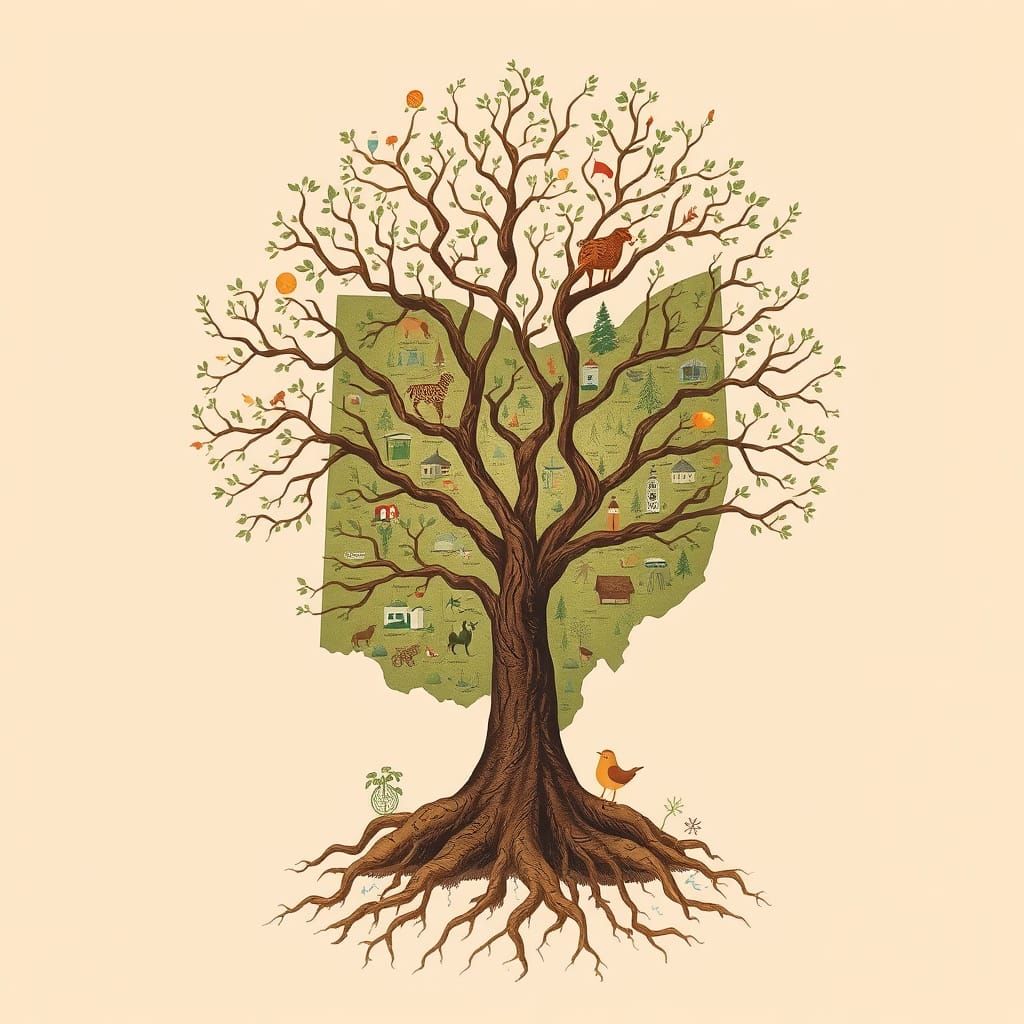 Ohio as a Whimsical Tree Map in Earthy Tones