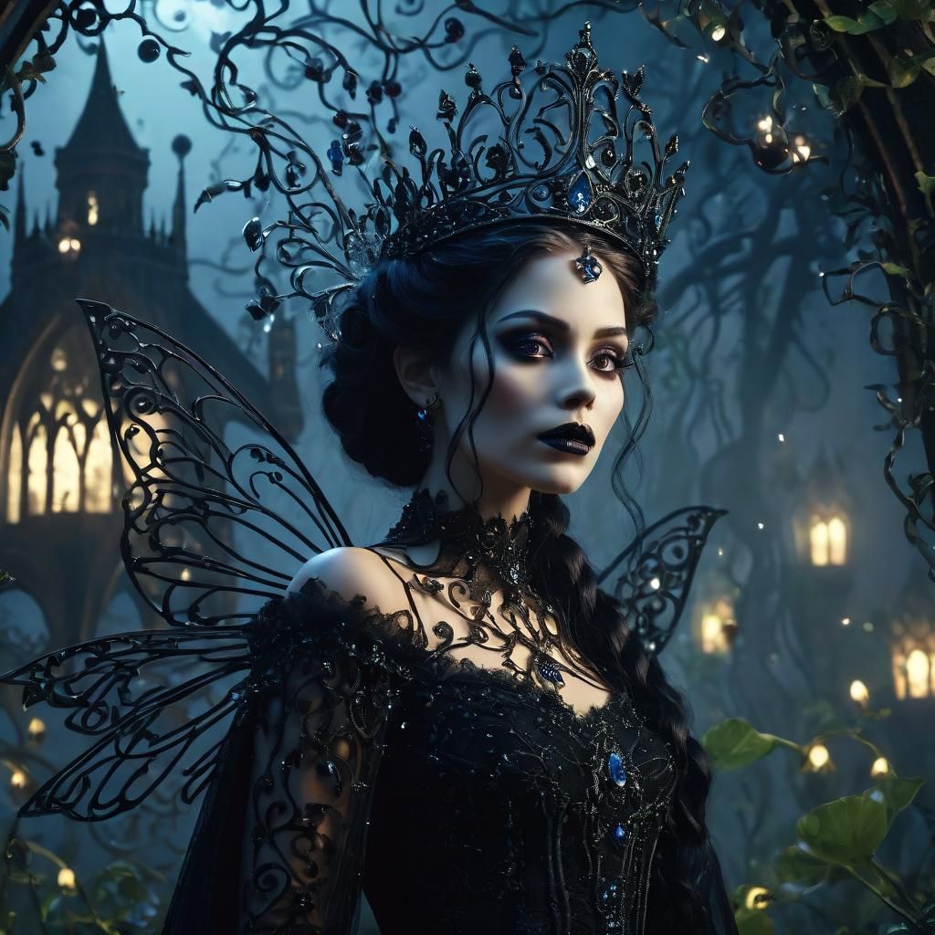 Gothic Fairy Portrait with Iron Wings in Whimsical Style
