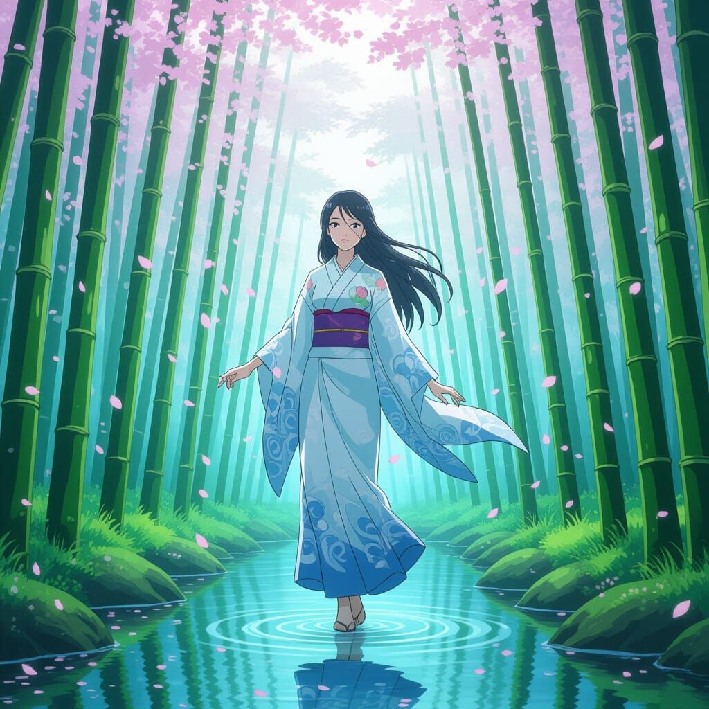 Spectral Woman in Misty Bamboo Forest with Cherry Blossoms