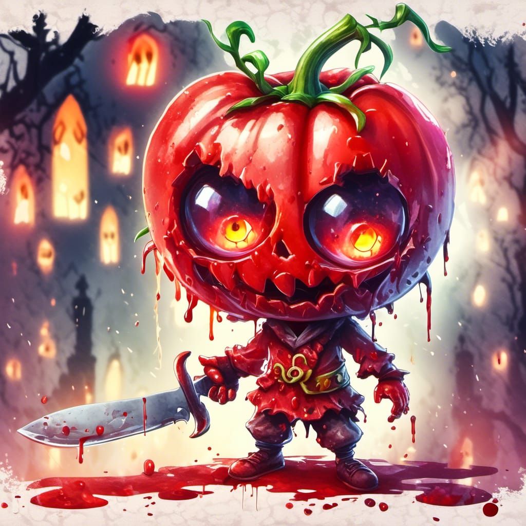 Undead Tomato Chibi Character in Watercolor Style
