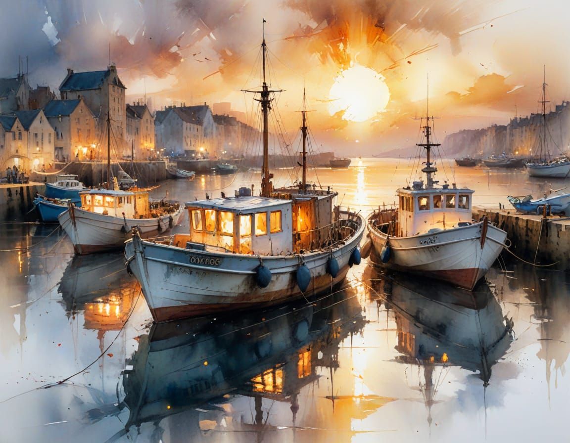 Harbor Sunset in Watercolor Style