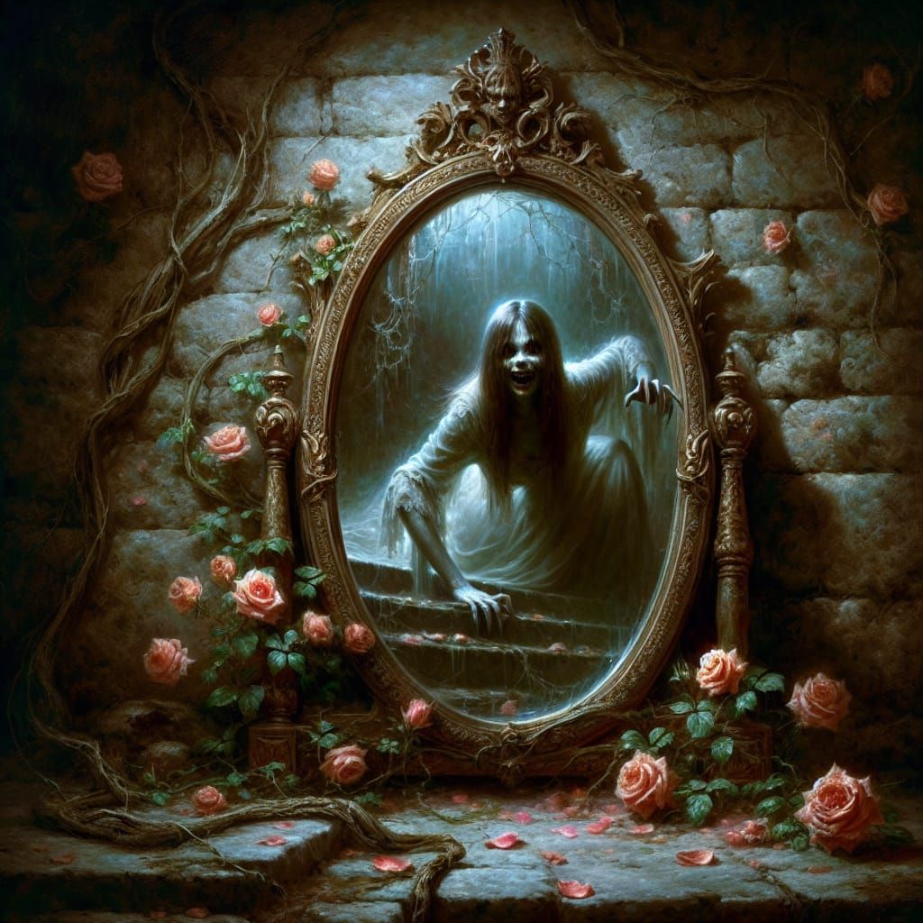 Gothic Horror Reflection: Haunted Demon Woman on Decaying St...