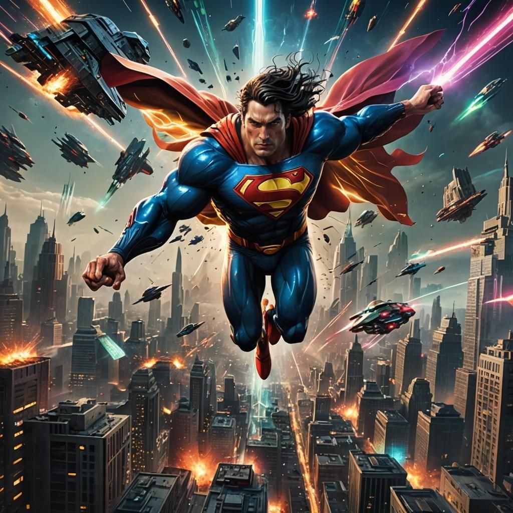 Superman Soaring Above Metropolis in Sci-Fi Battle