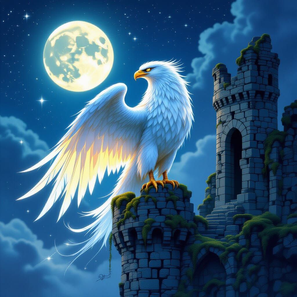Spectral Griffin Perched on Castle Ruins