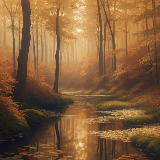 Autumn Impressionist Cabin Landscape in Golden Light