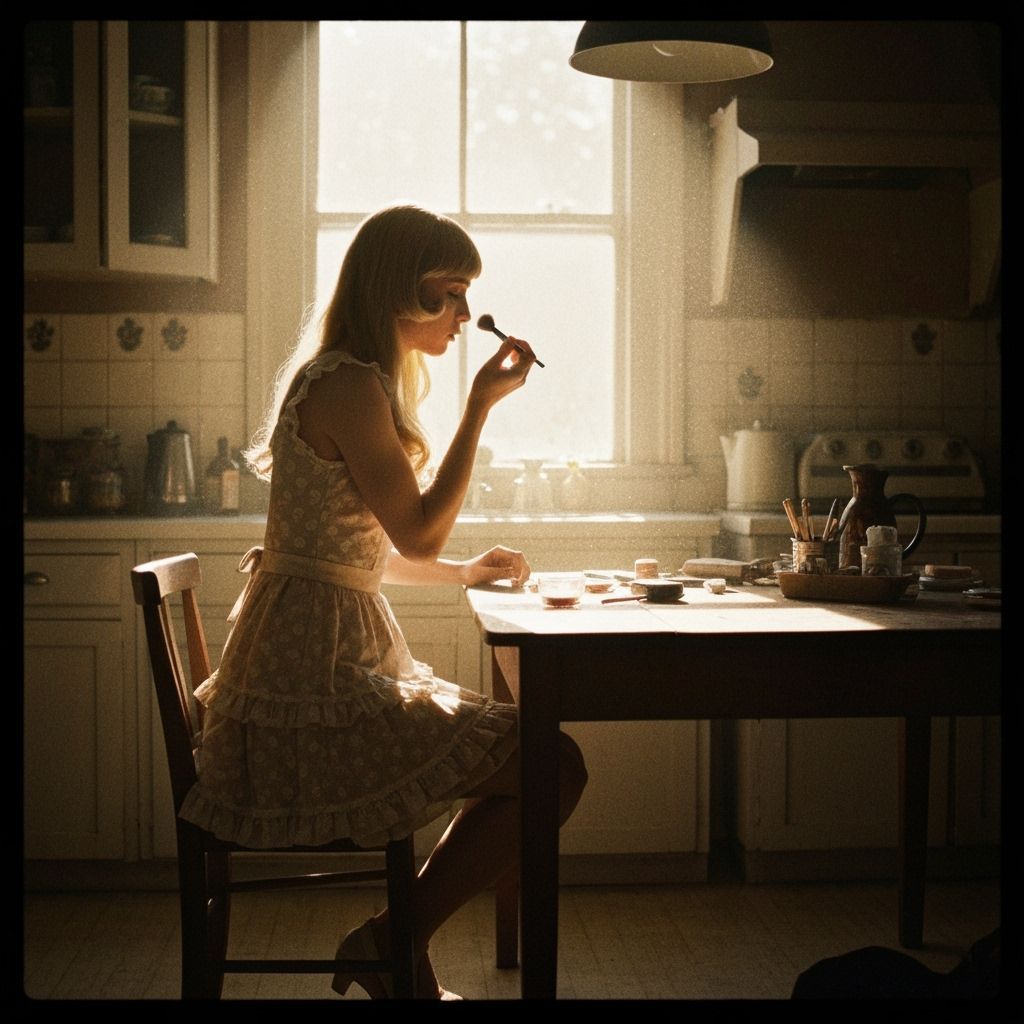 Vintage Kitchen Scene With Man Applying Makeup