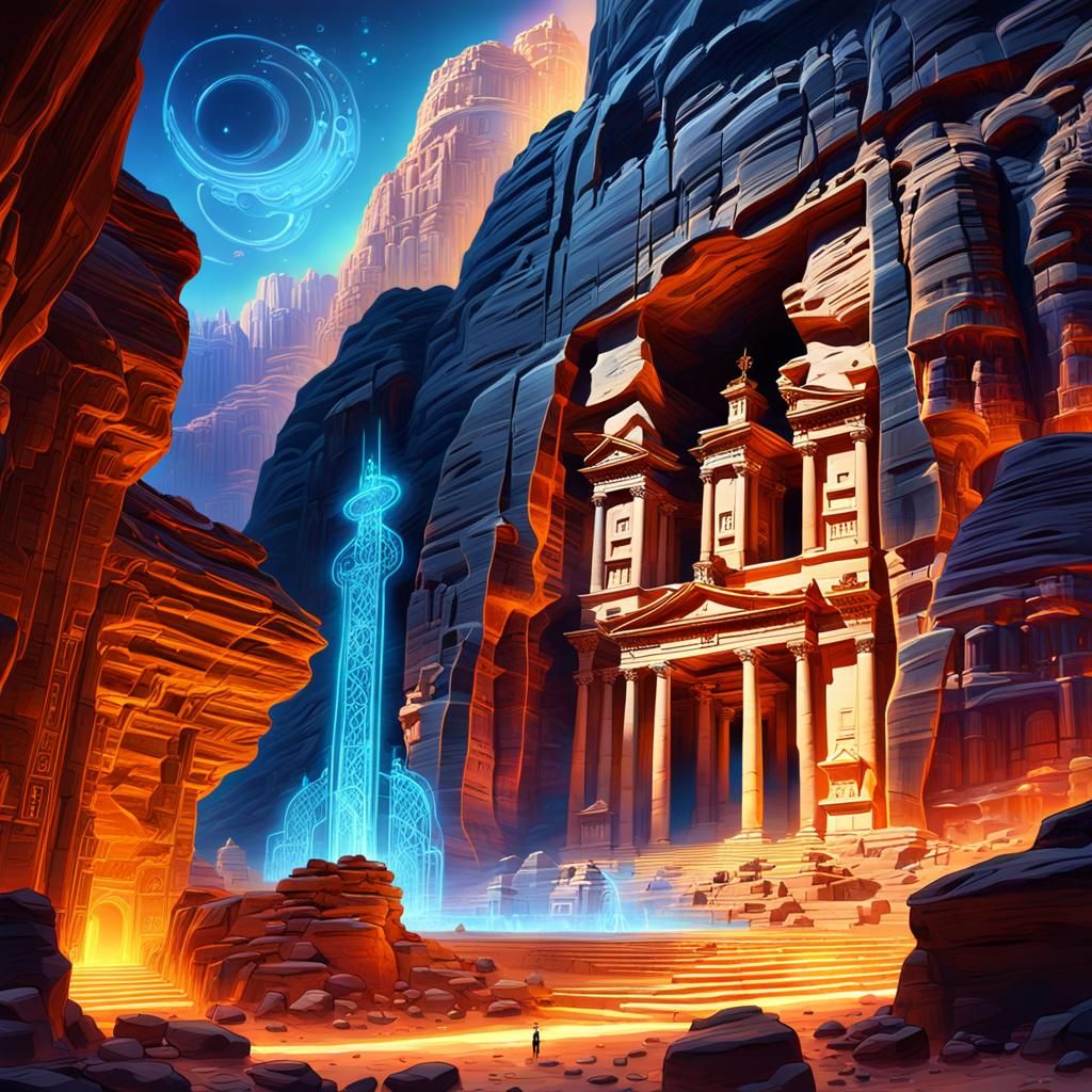 Futuristic Petra City with Holographic Projections