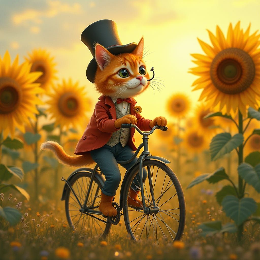 A ginger cat wearing a tiny top hat and monocle rides a penny-farthing bicycle through a vibrant field of sunflowers. Th...