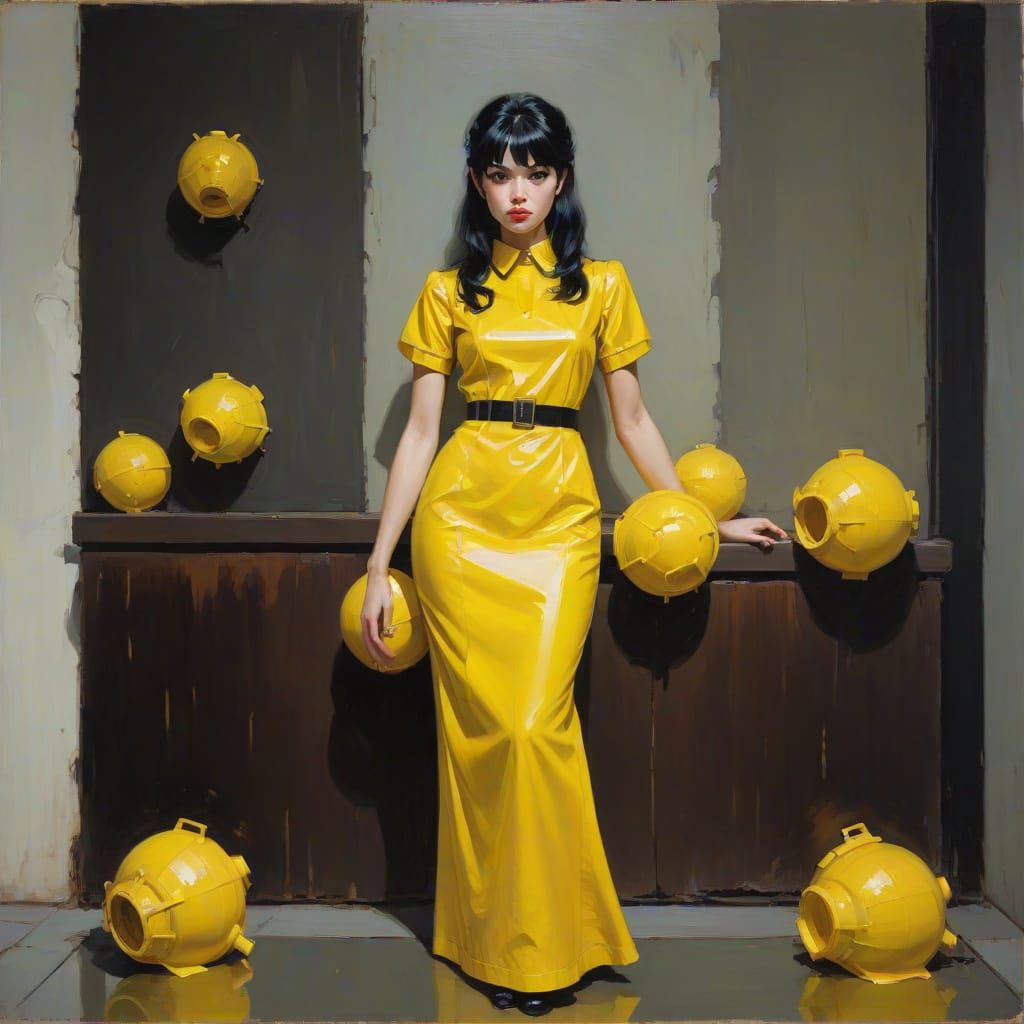 Elegant Lady in Yellow Rubber Dress, Oil Painting