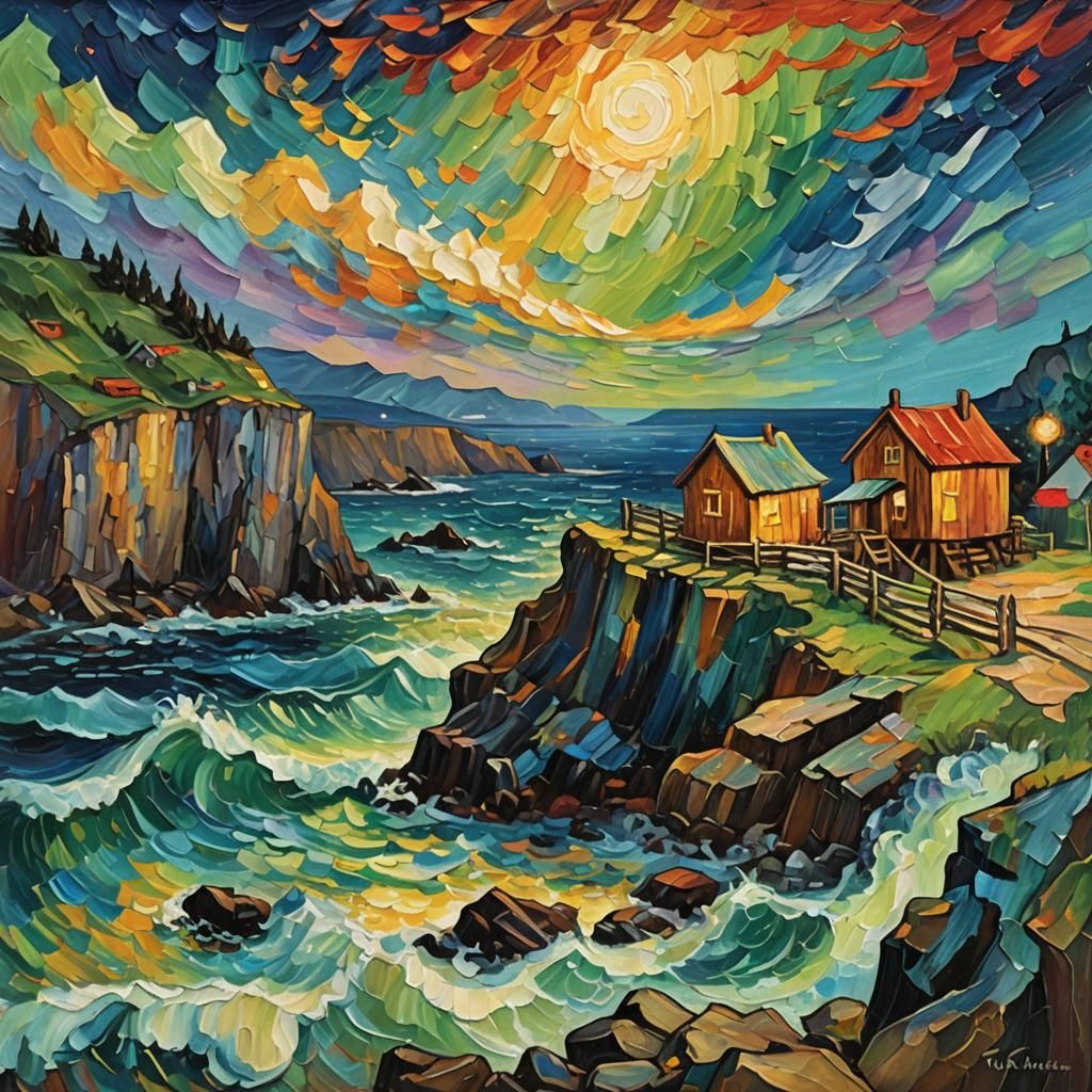 Aurora Borealis Over Cliffside Shack as Impasto Painting