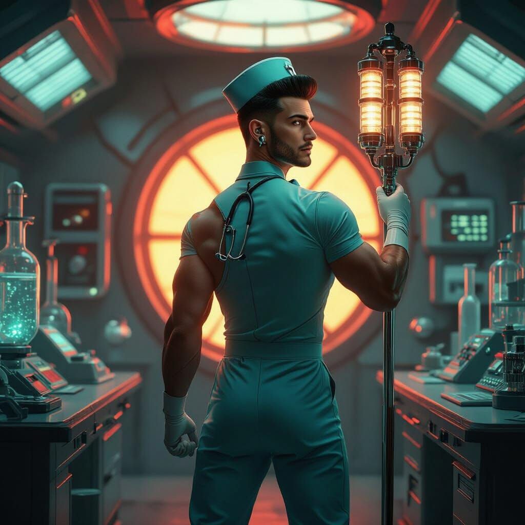 Retro Sci-Fi Hero in Futuristic Nursing Attire