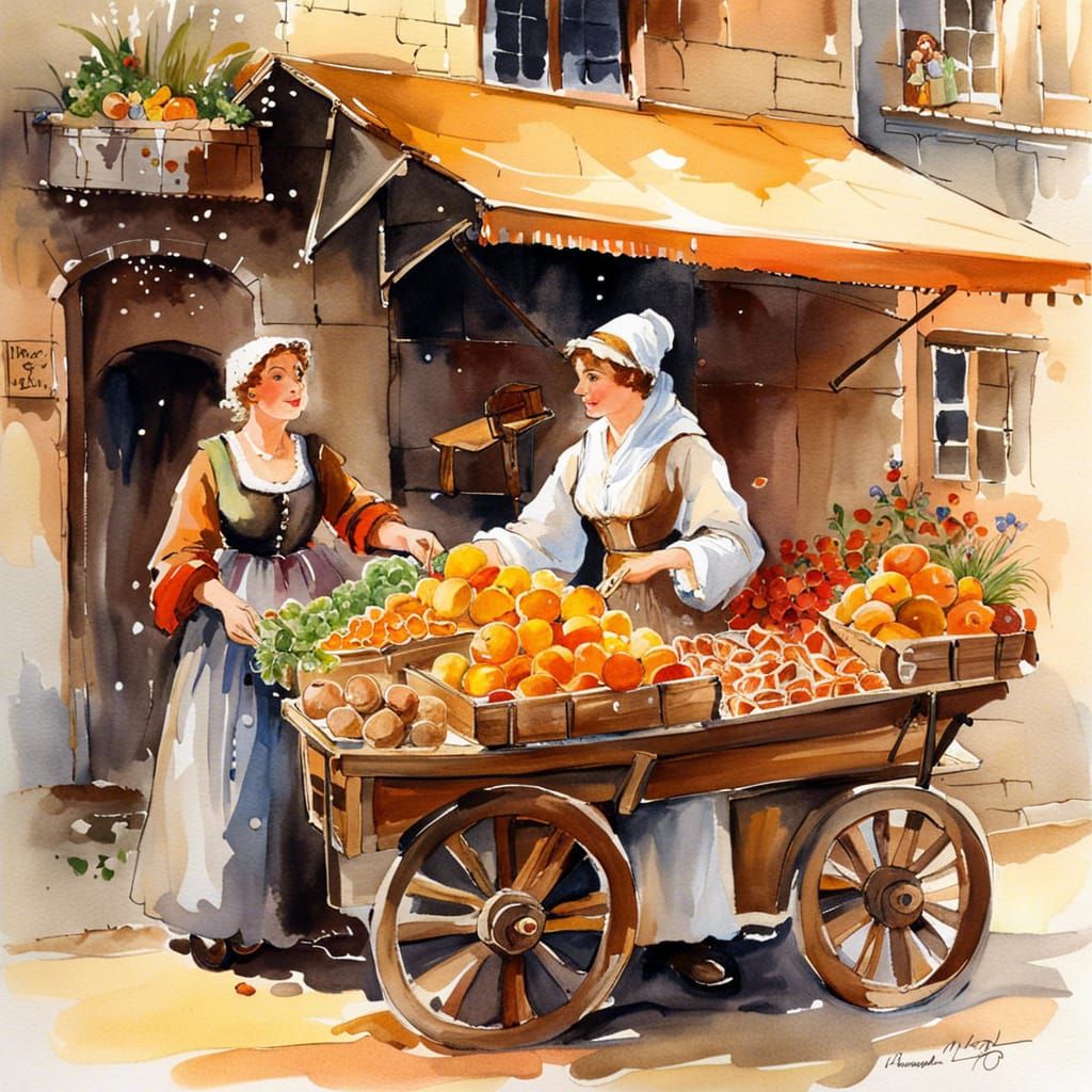 Medieval German Market Scene in Watercolor