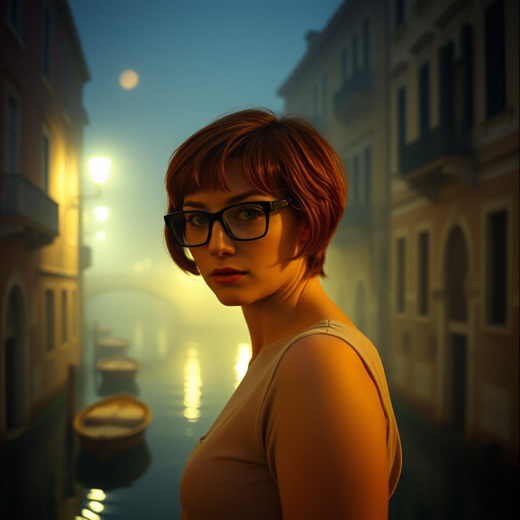 Ethereal Venice Nighttime Scene with Redhead Woman