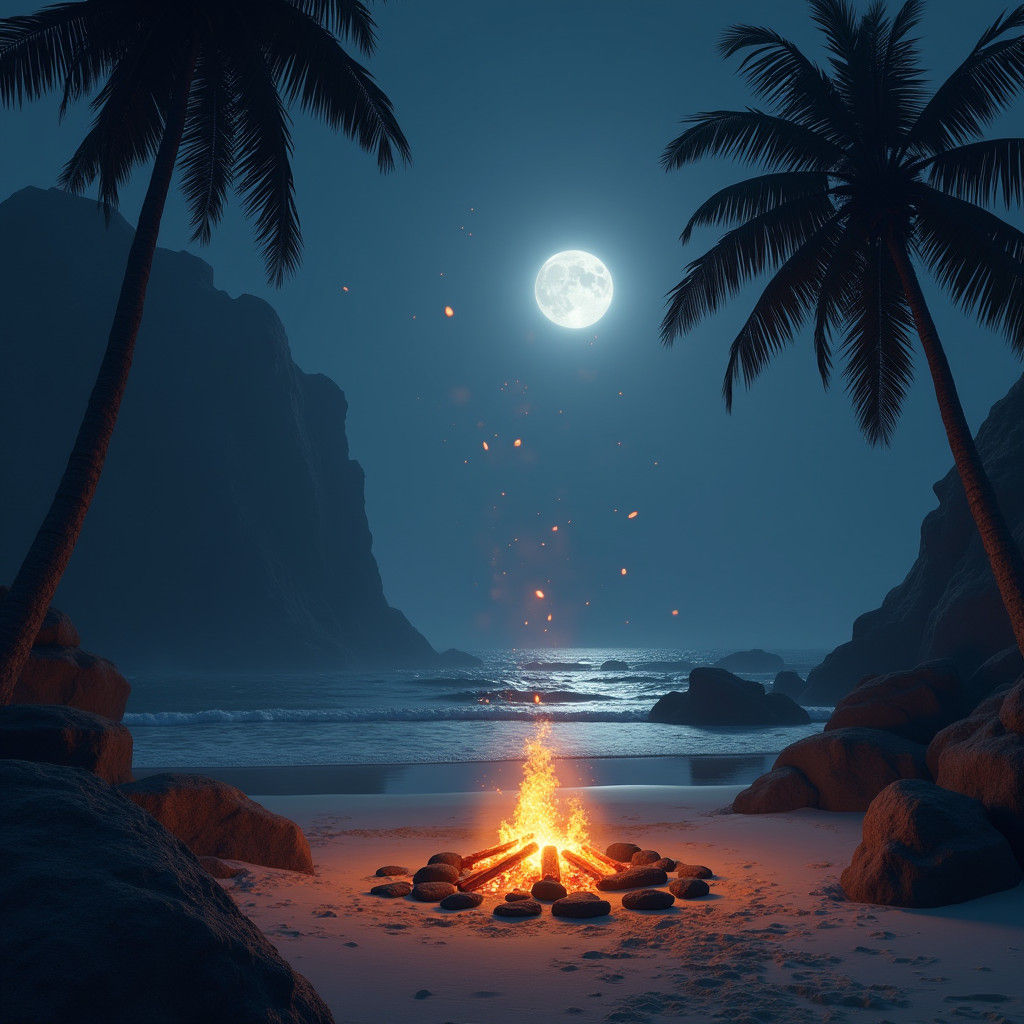 Night Beach Campfire in Fantasy Matte Painting Style