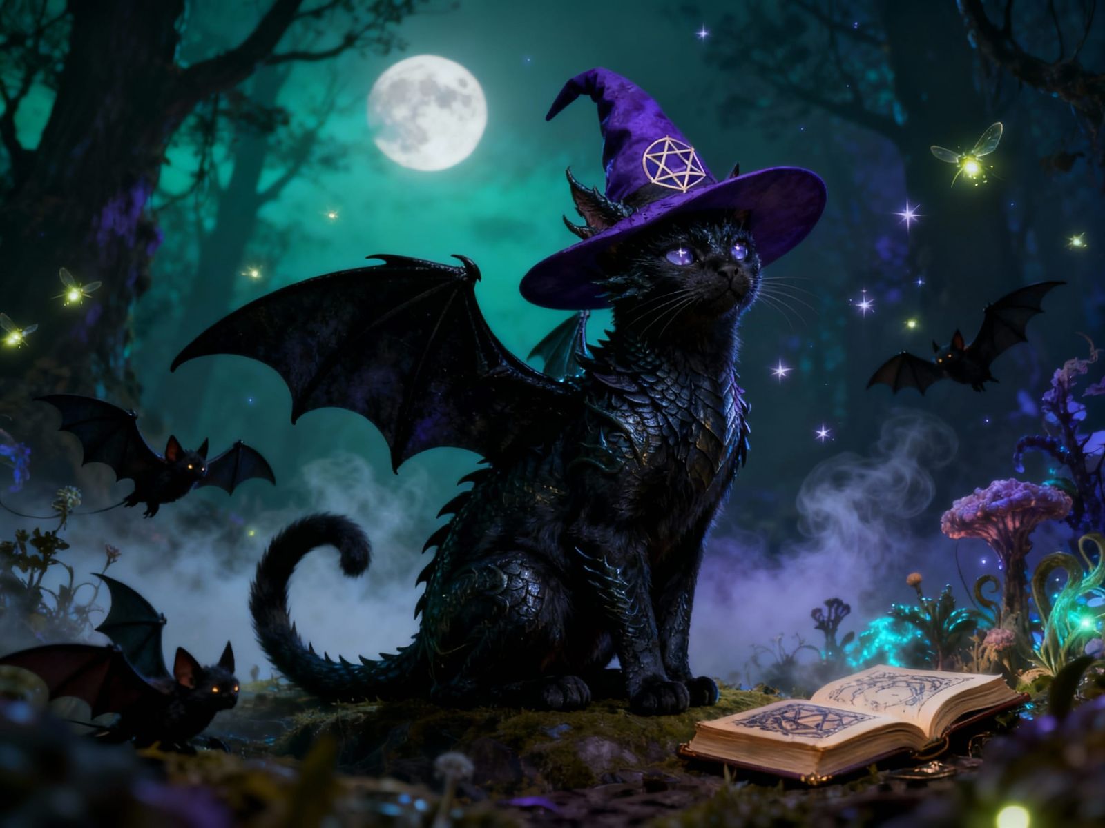 Elegant Black Cat Witch with Bat Wings in Moonlit Forest